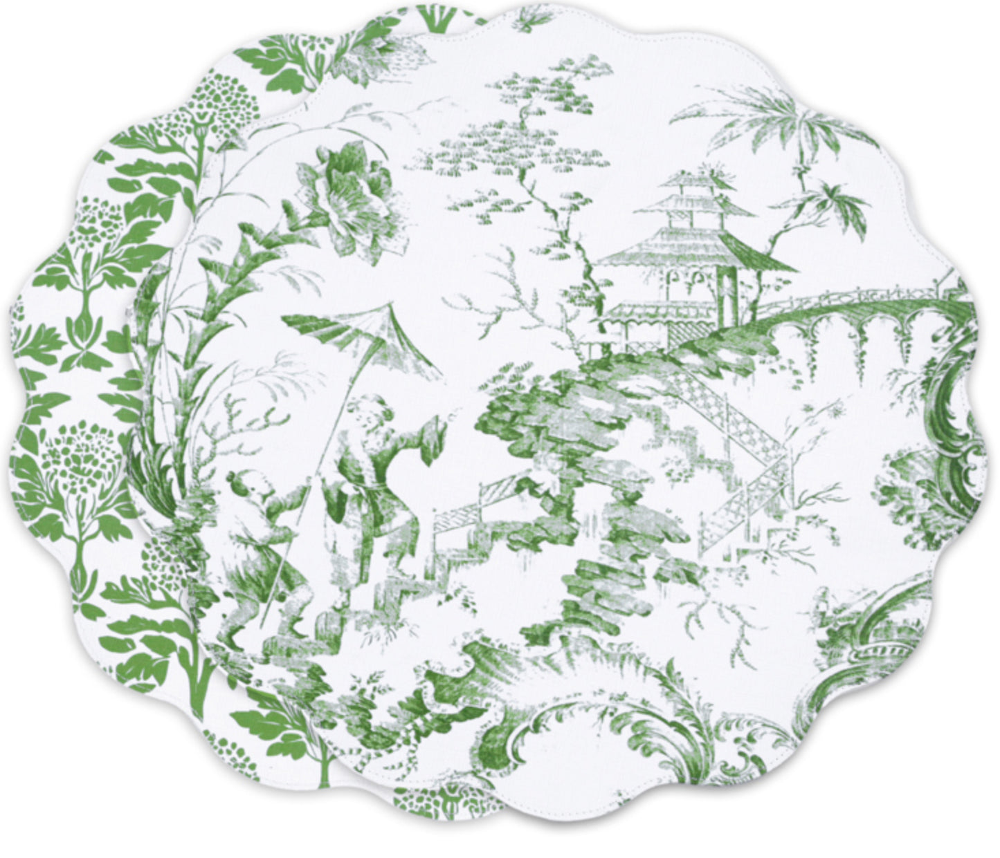 VIDA Chinoiserie Reversible Round Placemats Set of 4 (Green & White)