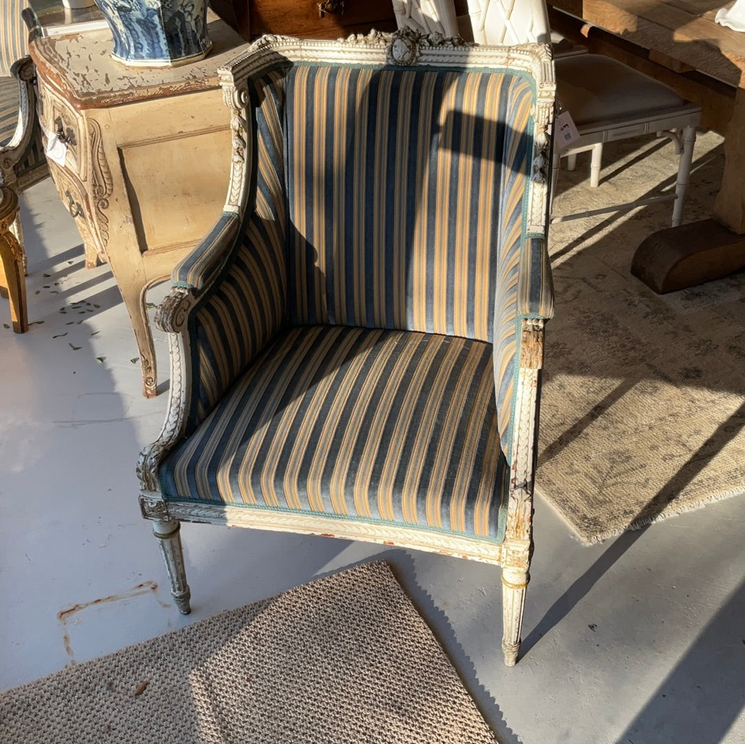 Carved blue and cream stripe chair