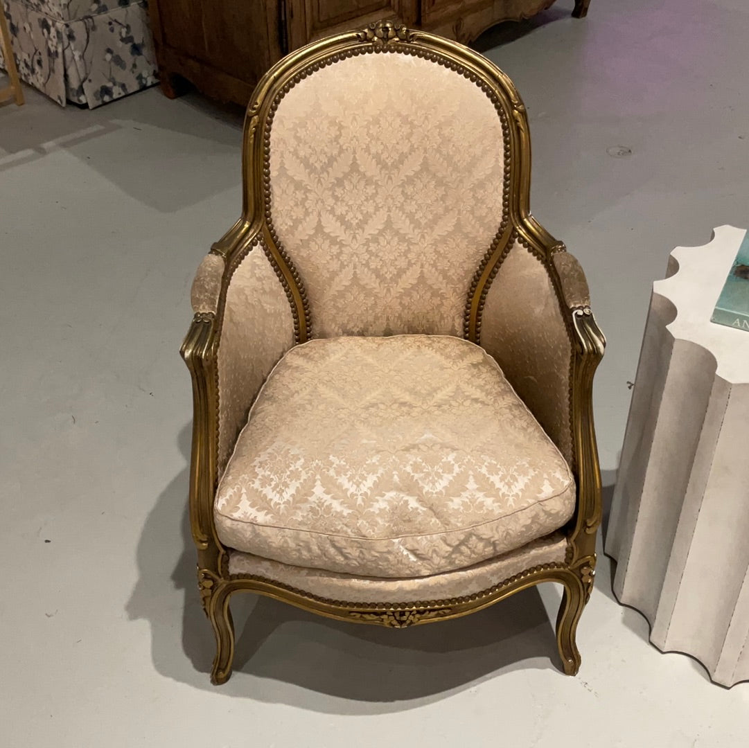 Cream damask and gold Bergere Chair