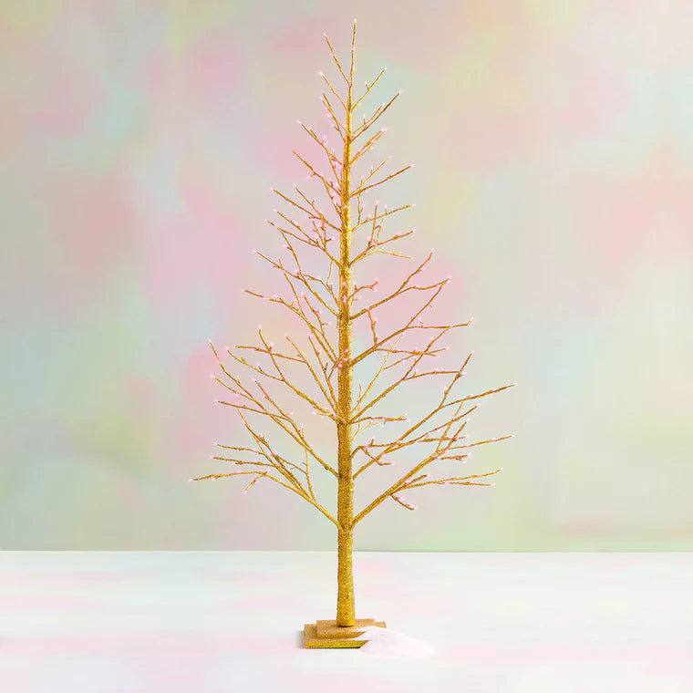 GOLD TREE W/PINK LIGHTS, LG, INCL ADAPTER, MDF/PVC, 6'