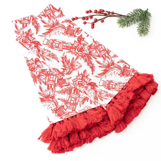 2 Piece Set Holiday Toile Red Tassel Kitchen Towels