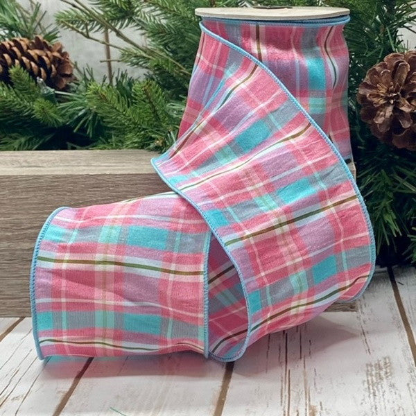 4x10 dupion spring plaid, pink-aqua