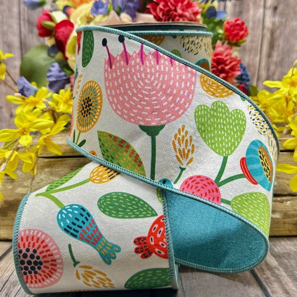 4x10yds dupion large abstract floral, green blue pink