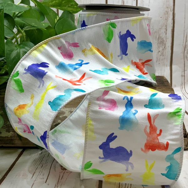4x10yds dupion watercolor multicolor rabbit, white