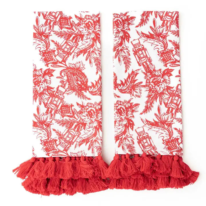 2 Piece Set Holiday Toile Red Tassel Kitchen Towels