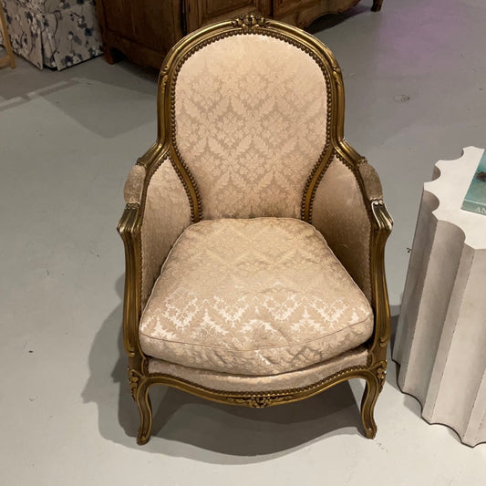 Cream damask and gold Bergere Chair