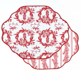 4 Piece Set Holiday Toile Red Scalloped Reversible Placemats