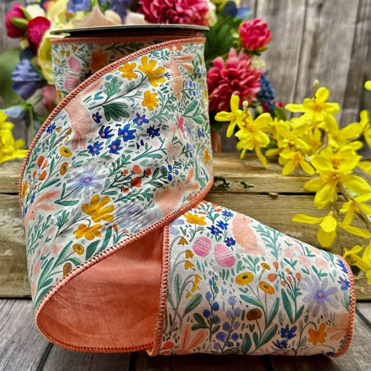 4x10yds poplin watercolor floral bunny, cream peach blue