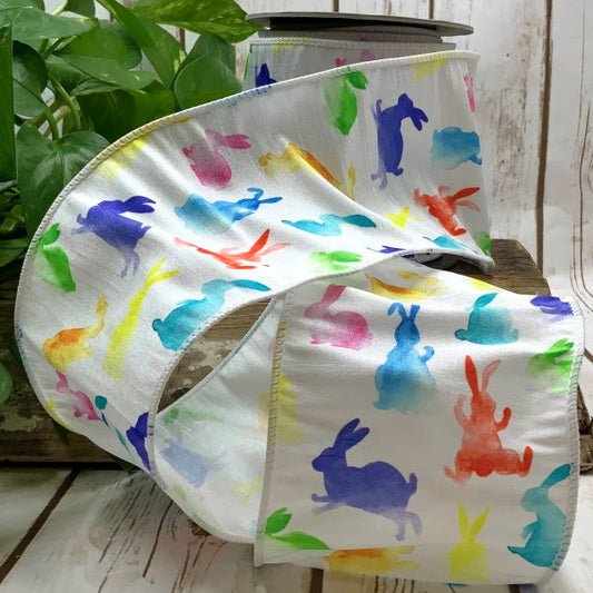 4x10yds dupion watercolor multicolor rabbit, white