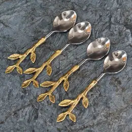 S.S. & Gold Leaf Bud Handle Spoons, Set of 4