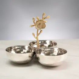 Hammered 3-Section Bowl Server w/ Gilded Floral Handle