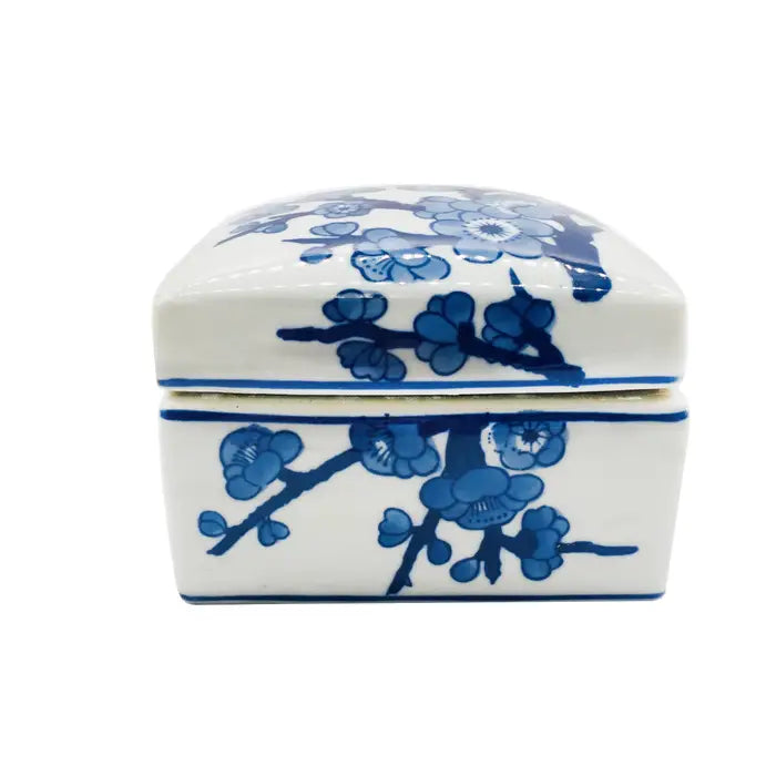 Blue & White Chinoiserie Square Ceramic Box - Cherry Blossom