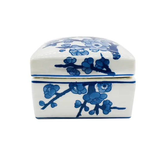 Blue & White Chinoiserie Square Ceramic Box - Cherry Blossom